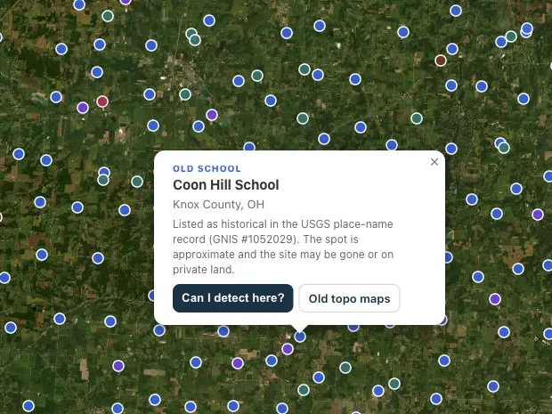 Map of Knox County, Ohio dotted with old schools, churches and post offices