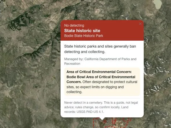 Mudlark Map land check showing No detecting at Bodie State Historic Park