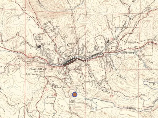 Oldest USGS topo map of Placerville, California over the satellite view